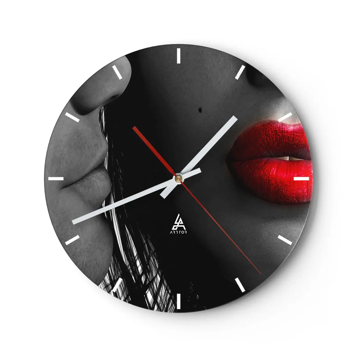 Orologio da parete - Orologio in Vetro - Primo piano in bianco e nero di un viso con labbra rosse - 30x30cm - Volto accanto al volto  - Decorazione murale moderna per soggiorno, cucina e camera da letto ARTTOR