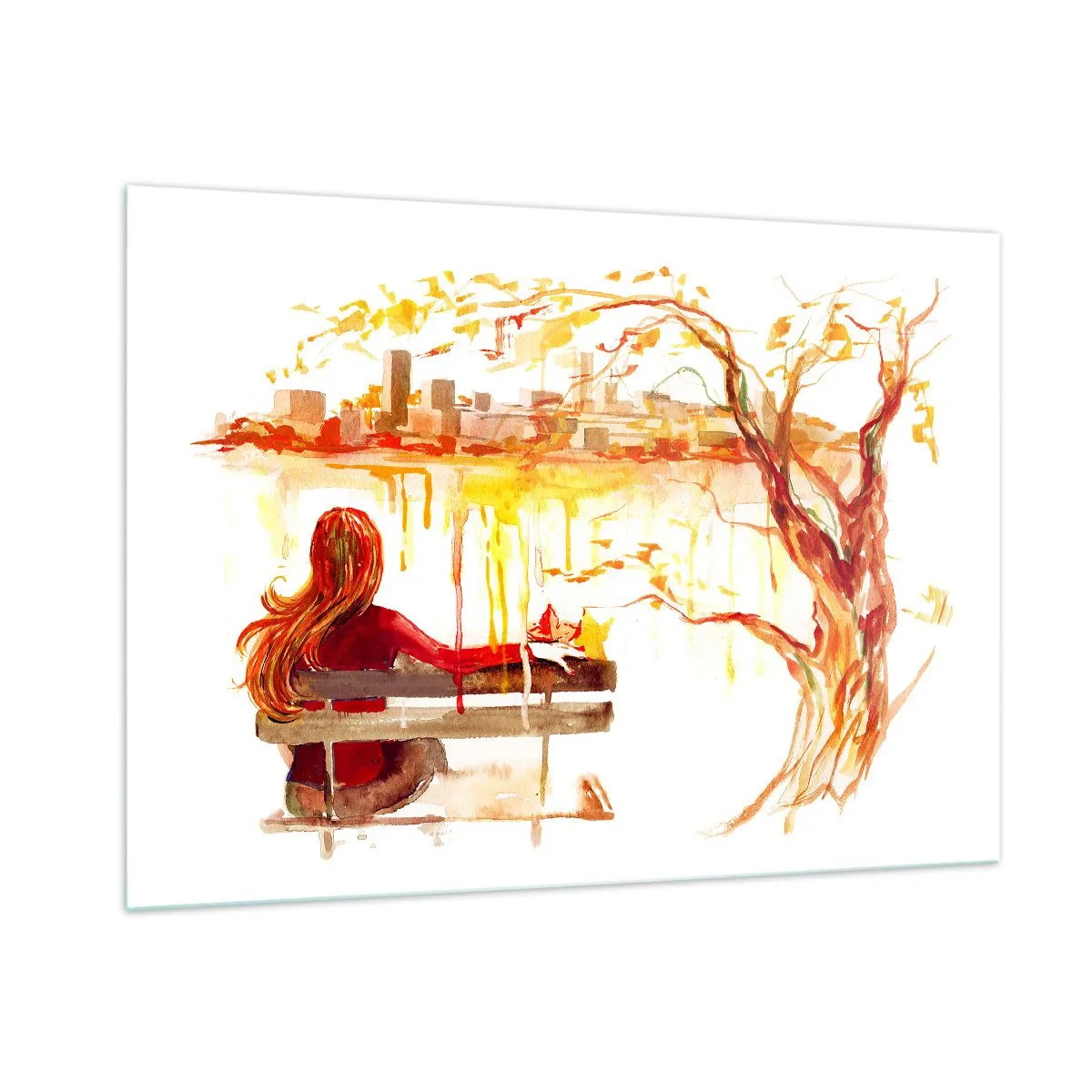 Quadro su vetro - Una figura su una panchina che domina la città in acquerello - 100x70cm - Un momento di riflessione - Decorazione murale moderna per soggiorno e camera da letto ARTTOR