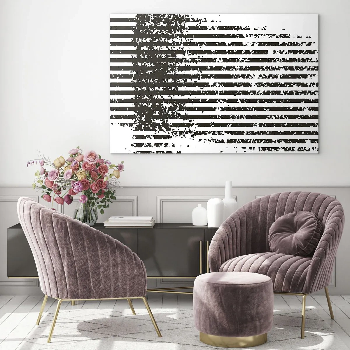 Quadro su vetro - Linee orizzontali in bianco e nero con effetti di rumore e abrasione - 70x50cm - Ritmo e rumore - Decorazione murale moderna per soggiorno e camera da letto ARTTOR