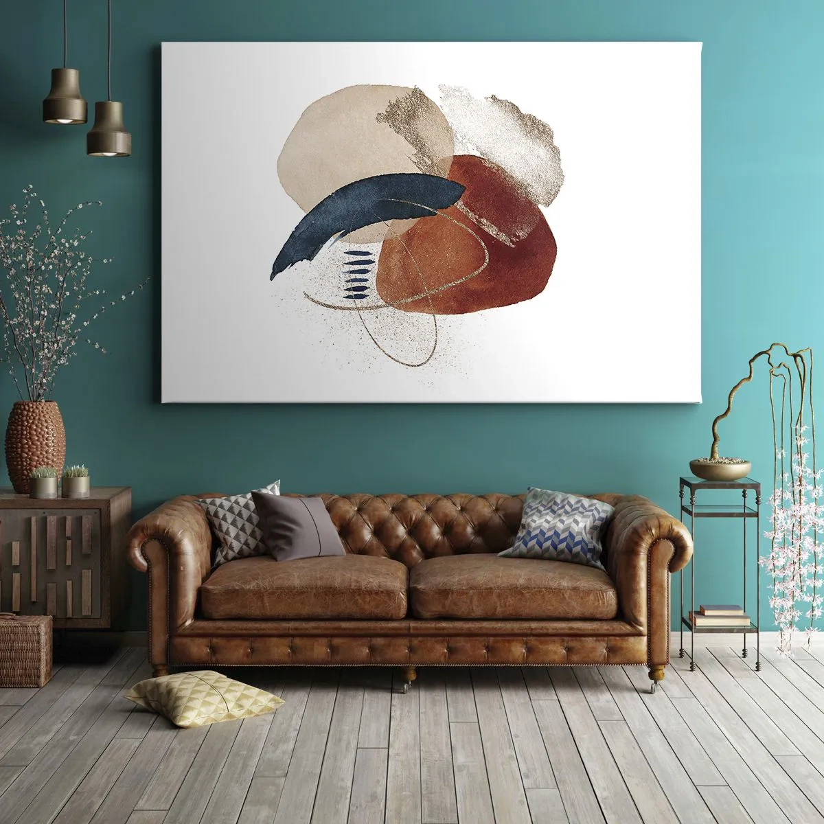 Quadro su tela - Stampe su Tela - Una composizione astratta con macchie nelle tonalità della terra e del blu navy. - 70x50cm - Composizione ovale - Decorazione murale moderna per soggiorno e camera da letto ARTTOR