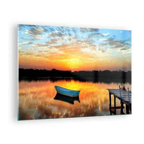 Quadro su vetro - Una barca su un lago calmo sotto i raggi del sole al tramonto - 70x50cm - Guarda, ascolta, medita - Decorazione murale moderna per soggiorno e camera da letto ARTTOR