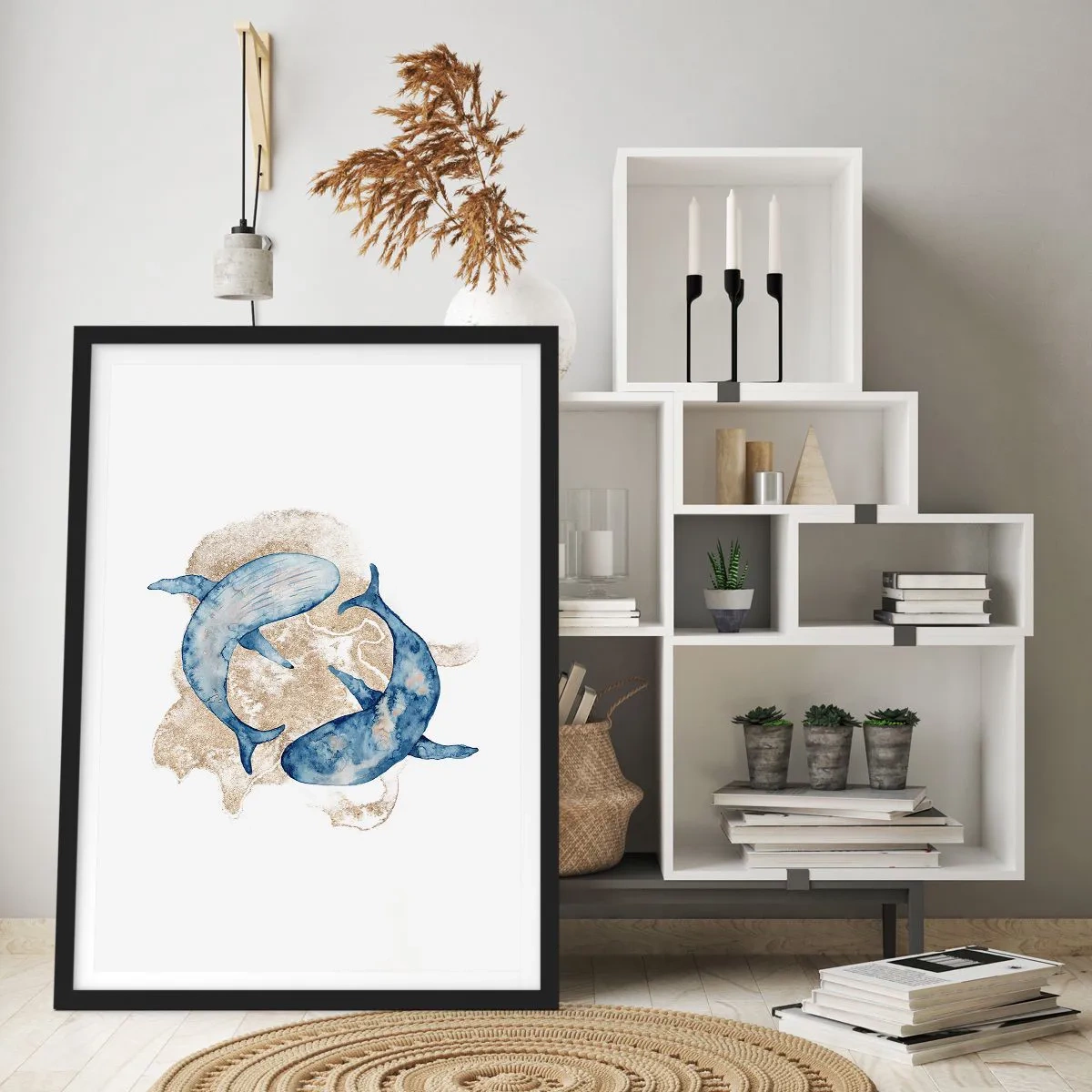 Poster in cornice nera - Un dipinto astratto di due balenottere comuni - 50x70cm - Amicizia o amore? - Decorazione murale moderna per soggiorno e camera da letto ARTTOR