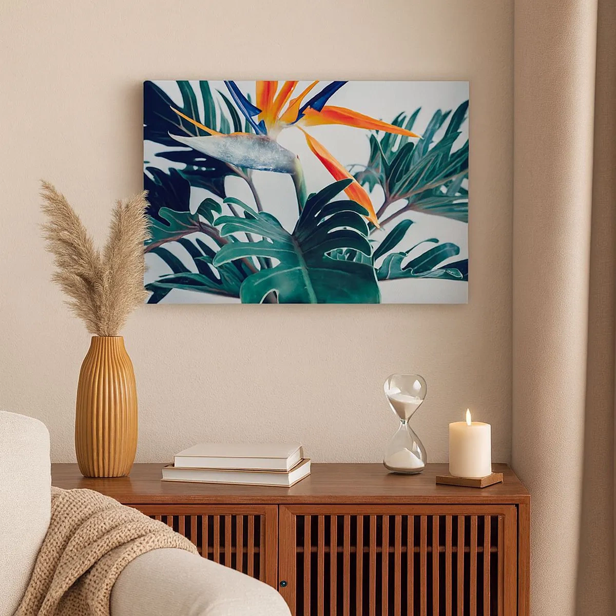 Quadro su tela - Stampe su Tela - Fiore di Strelitzia circondato da foglie in piena luce - 70x50cm - Pianta uccello - Decorazione murale moderna per soggiorno e camera da letto ARTTOR