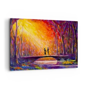 Quadro su tela - Stampe su Tela - Coppia romantica su un ponte nella foresta autunnale - 120x80cm - Anche il cielo li ama - Decorazione murale moderna per soggiorno e camera da letto ARTTOR