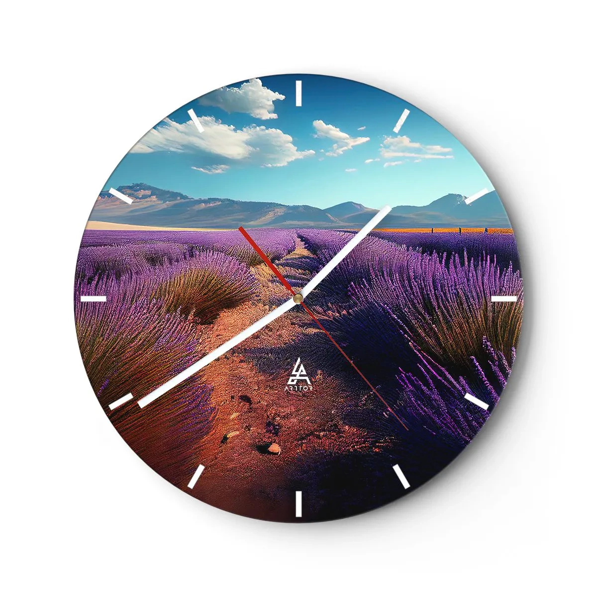 Orologio da parete - Orologio in Vetro - Un campo di lavanda con un paesaggio montano sullo sfondo - 30x30cm - Campi profumati - Decorazione murale moderna per soggiorno, cucina e camera da letto ARTTOR