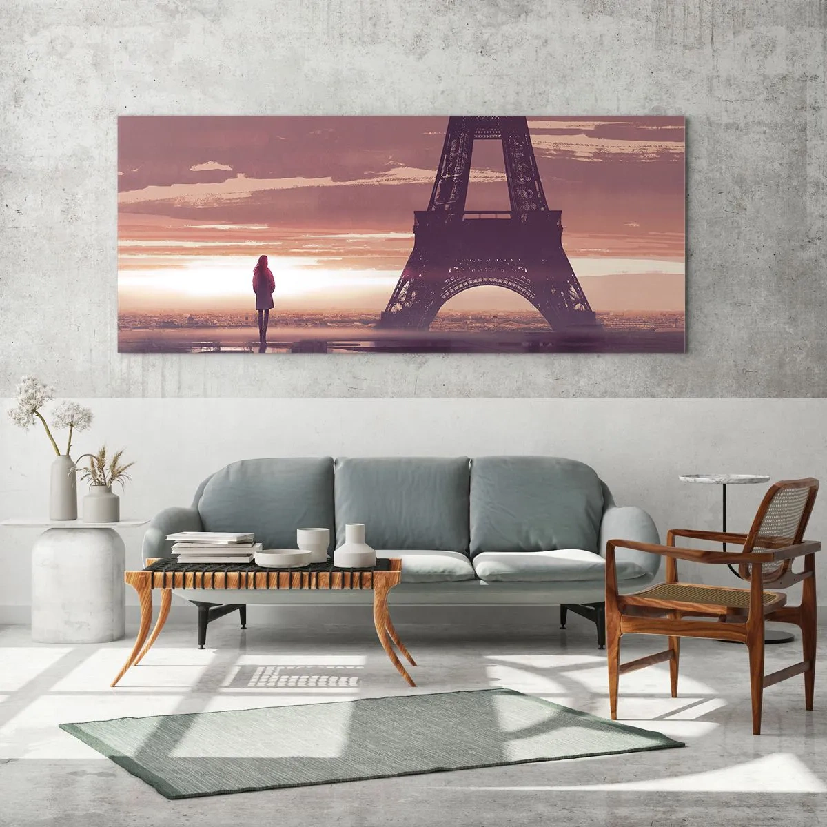 Quadro su vetro - Una figura che guarda la Torre Eiffel alla luce del sole al tramonto - 120x50cm - Solo loro due - Decorazione murale moderna per soggiorno e camera da letto ARTTOR