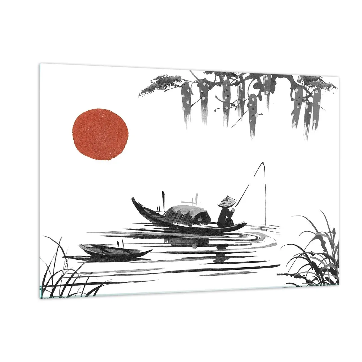 Quadro su vetro - Barca da pesca tradizionale su un fiume con un sole rosso - 120x80cm - Pomeriggio asiatico - Decorazione murale moderna per soggiorno e camera da letto ARTTOR
