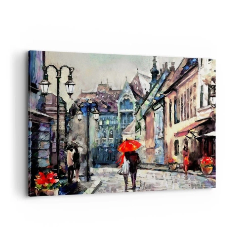 Quadro su tela - Stampe su Tela - Un'affascinante strada cittadina con una coppia sotto un ombrello rosso - 100x70cm - Pioggia per due - Decorazione murale moderna per soggiorno e camera da letto ARTTOR