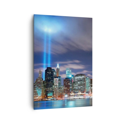 Quadro su tela - Stampe su Tela - Panorama notturno della città con due fasci di luce luminosi nel cielo - 70x100cm - Toccare il cielo con la luce - Decorazione murale moderna per soggiorno e camera da letto ARTTOR