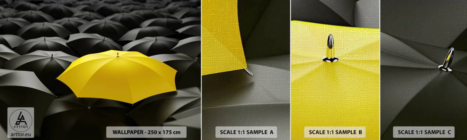 Campione di Fotomurale Premium Canvas - Addio tristezza - Ombrelli gialli, Grafica, Concetto - 100x30 cm