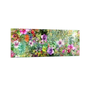 Quadro su vetro - Una composizione floreale colorata su uno sfondo verde - 140x50cm - Perdersi nei fiori - Decorazione murale moderna per soggiorno e camera da letto ARTTOR