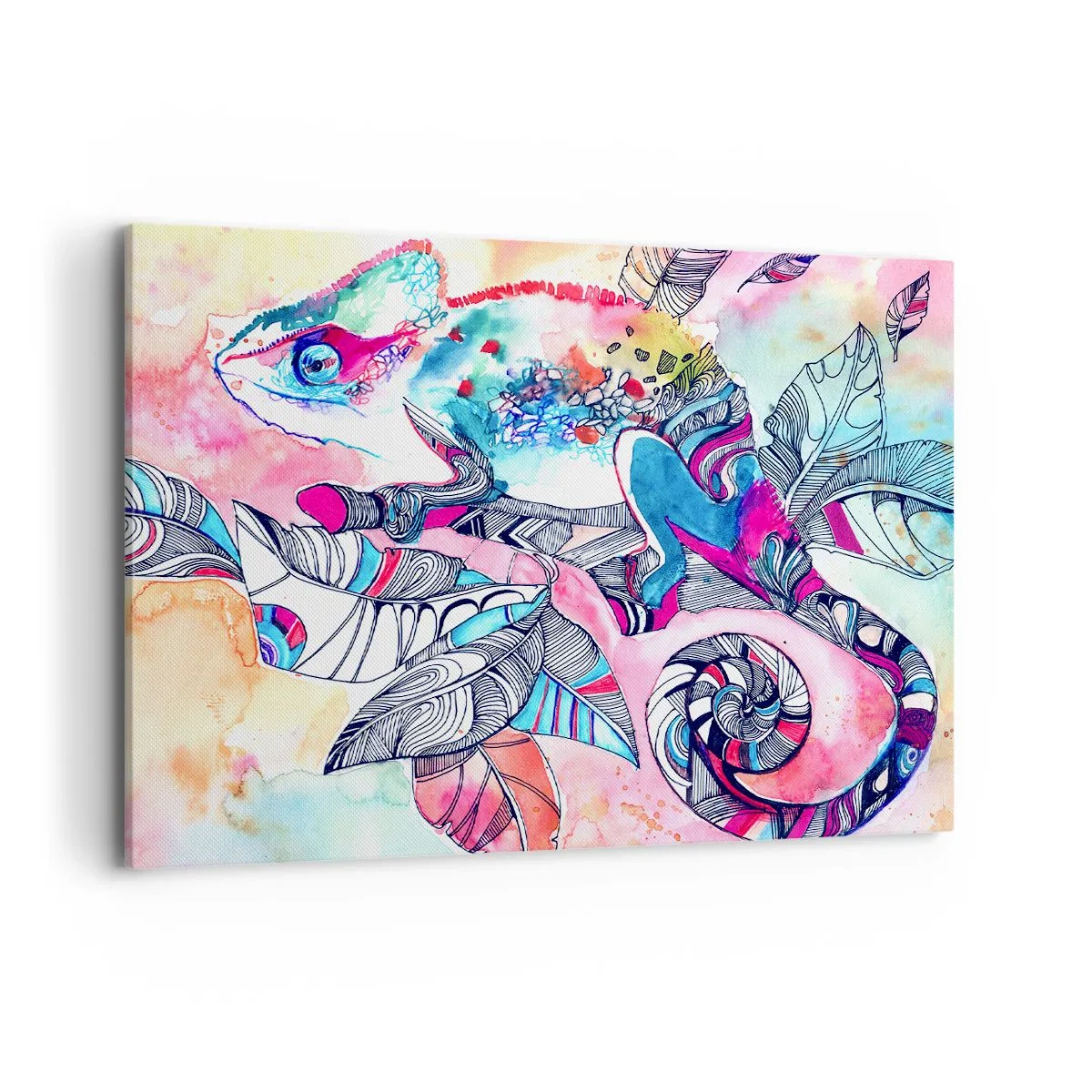 Quadro su tela - Stampe su Tela - Camaleonte colorato su sfondo di foglie astratte - 100x70cm - Il nostro mondo colorato - Decorazione murale moderna per soggiorno e camera da letto ARTTOR