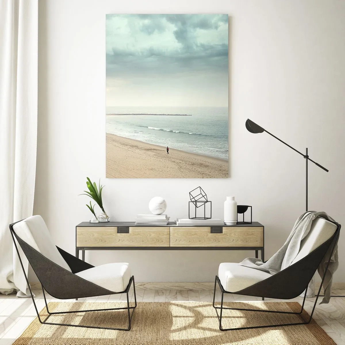 Quadro su vetro - Una figura solitaria su una spiaggia deserta in riva al mare calmo - 80x120cm - Cercando la pace - Decorazione murale moderna per soggiorno e camera da letto ARTTOR