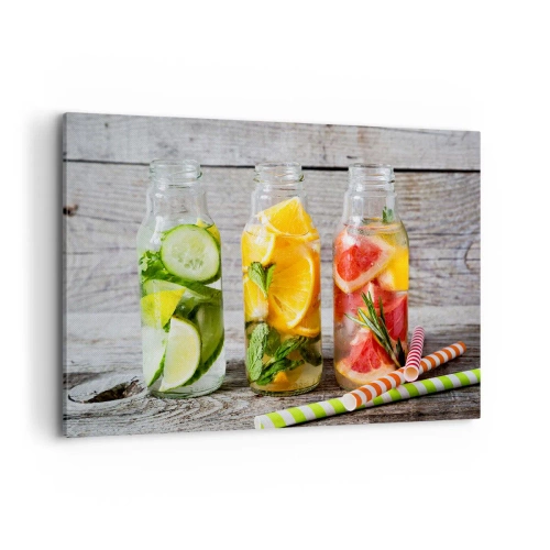 Quadro su tela - Stampe su Tela - Bottiglie di acqua alla frutta ed erbe aromatiche su uno sfondo di legno - 100x70cm - Sani di natura - Decorazione murale moderna per soggiorno e camera da letto ARTTOR