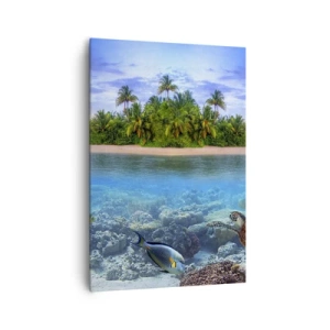 Quadro su tela - Stampe su Tela - Un'isola tropicale circondata da un oceano turchese con una barriera corallina e pesci. - 70x100cm - L'isola del paradiso dà il benvenuto - Decorazione murale moderna per soggiorno e camera da letto ARTTOR
