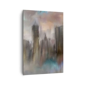 Quadro su tela - Stampe su Tela - Una visione artistica di un paesaggio urbano con grattacieli dai colori pastello. - 70x100cm - Composizione con acciaio, pietra e nebbia - Decorazione murale moderna per soggiorno e camera da letto ARTTOR