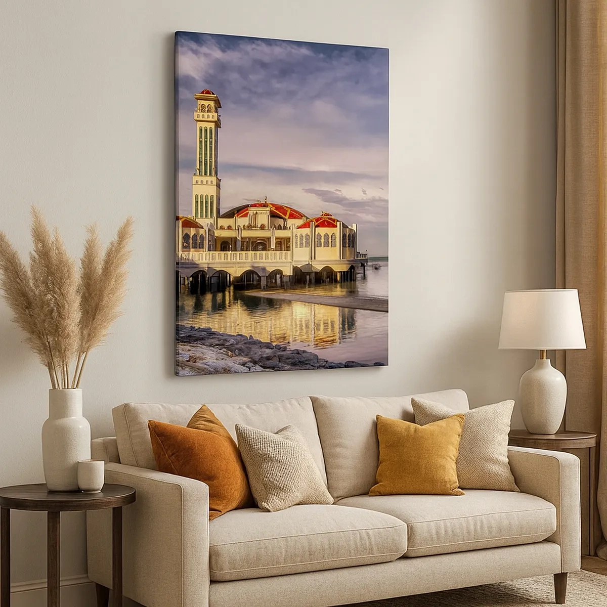 Quadro su tela - Stampe su Tela - Un imponente edificio con un minareto sull'acqua circondato da un paesaggio tranquillo - 50x70cm - Il tempio della natura - Decorazione murale moderna per soggiorno e camera da letto ARTTOR