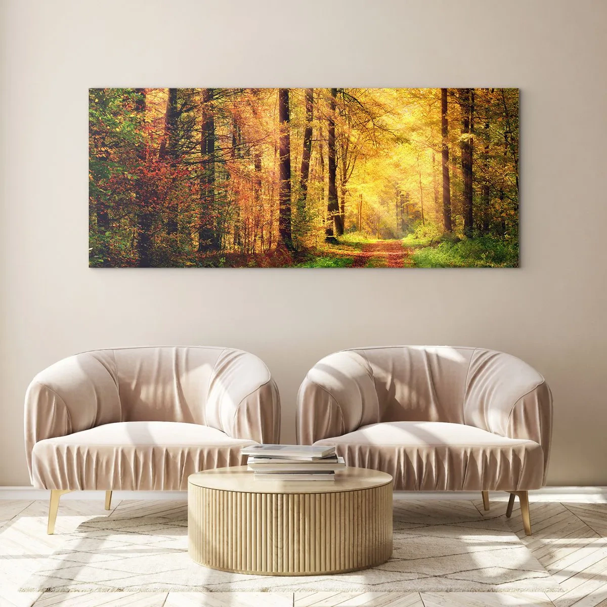 Quadro su vetro - Il silenzio d'oro del bosco - 90x30 cm