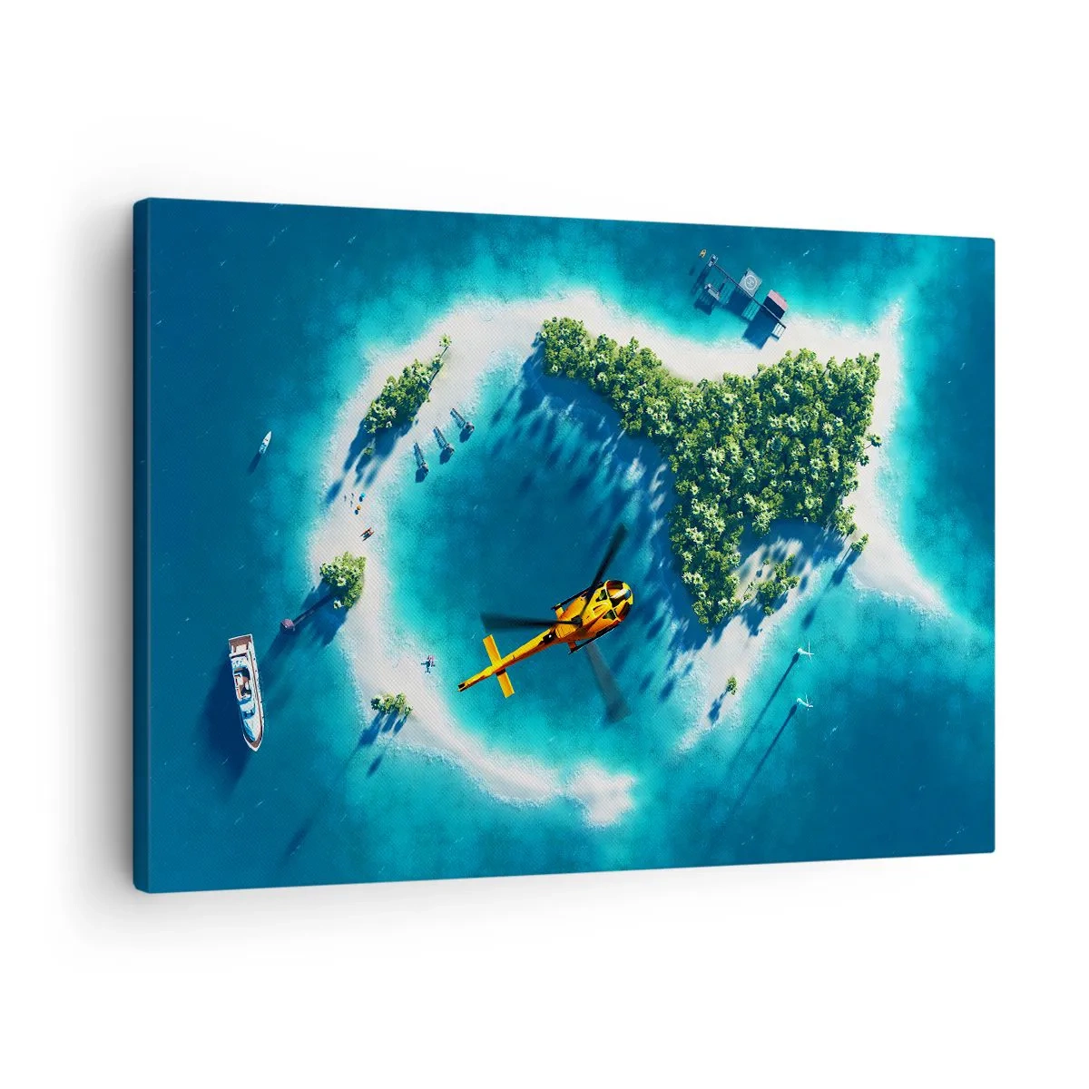 Quadro su tela - Stampe su Tela - Un'isola tropicale circondata da acque turchesi con un elicottero in vista - 70x50cm - Comprati un'isola - Decorazione murale moderna per soggiorno e camera da letto ARTTOR