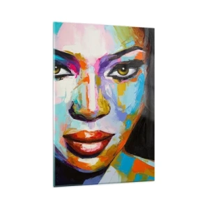 Quadro su vetro - Un ritratto colorato di una donna dallo sguardo intenso - 80x120cm - Non si può staccare lo sguardo - Decorazione murale moderna per soggiorno e camera da letto ARTTOR