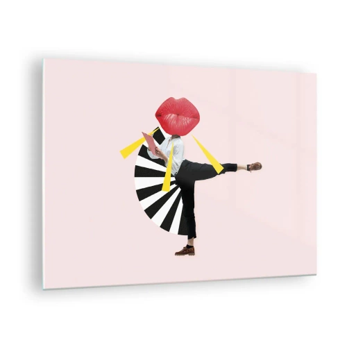 Quadro su vetro - Una composizione pop art surreale che raffigura un personaggio con una grande bocca su uno sfondo rosa. - 70x50cm - Pop-art surrealistica - Decorazione murale moderna per soggiorno e camera da letto ARTTOR