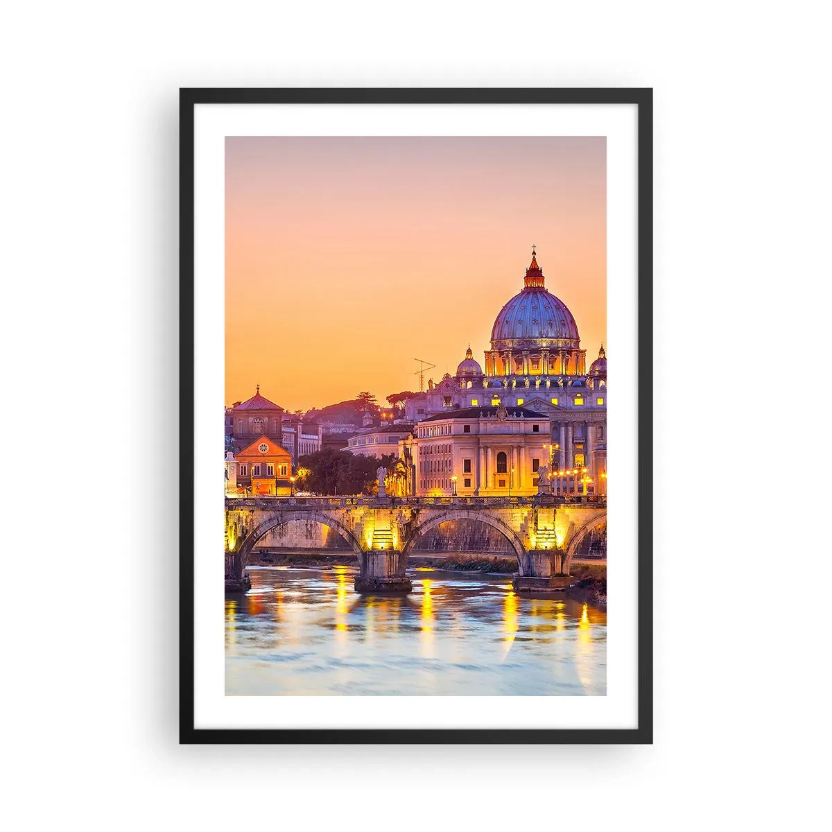 Poster in cornice nera - Tramonto sul ponte e sulla basilica con luci a Roma - 50x70cm - Tramonto sulla Città Eterna - Decorazione murale moderna per soggiorno e camera da letto ARTTOR
