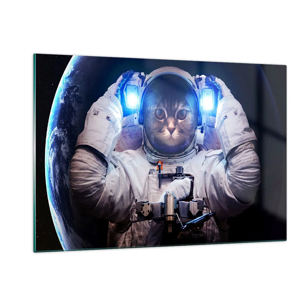 Quadro su vetro - Un cosmonauta con la testa di gatto nello spazio - 120x80cm - Houston, avete un problema - Decorazione murale moderna per soggiorno e camera da letto ARTTOR