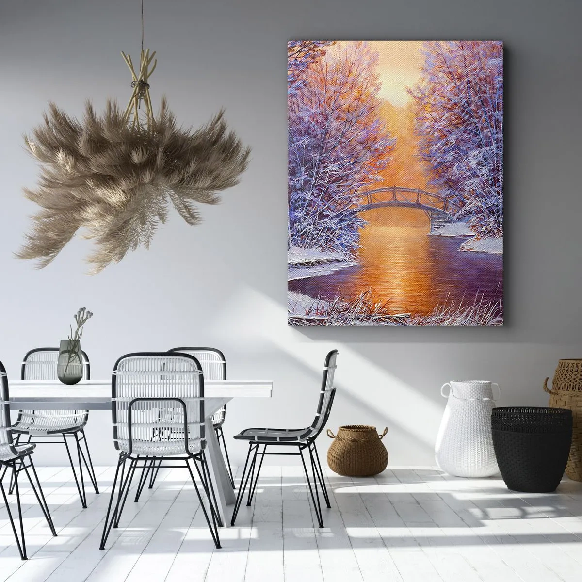 Quadro su tela - Stampe su Tela - Paesaggio invernale con ponte e tramonto - 80x120cm - Incontriamoci qui - Decorazione murale moderna per soggiorno e camera da letto ARTTOR