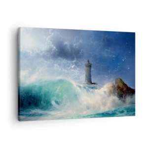 Quadro su tela - Stampe su Tela - Un faro circondato da onde agitate e nuvole - 70x50cm - In difesa contro gli elementi - Decorazione murale moderna per soggiorno e camera da letto ARTTOR