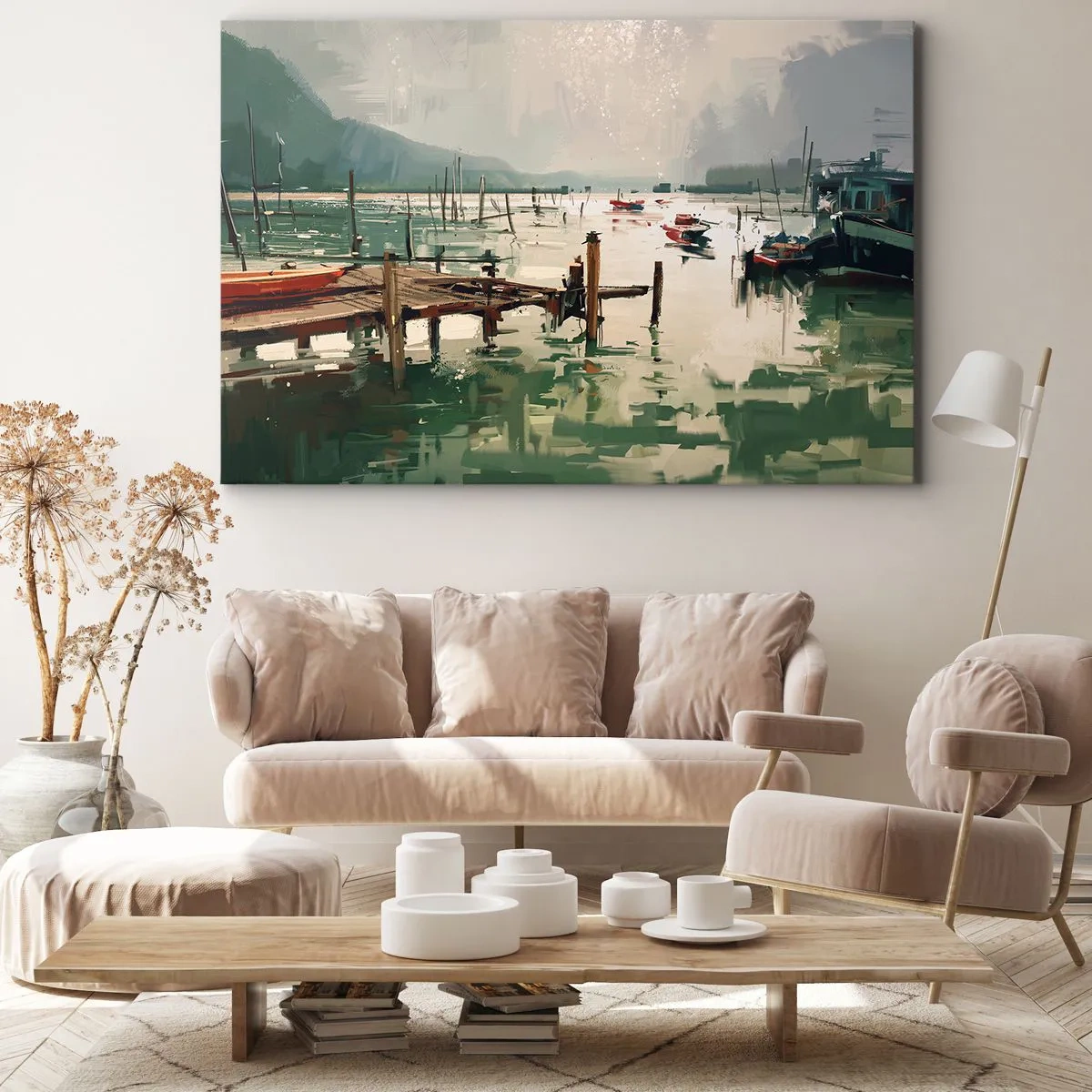 Quadro su tela - Stampe su Tela - Un pittoresco porto con barche in acque calme - 70x50cm - Imbevuto di luna fusa - Decorazione murale moderna per soggiorno e camera da letto ARTTOR