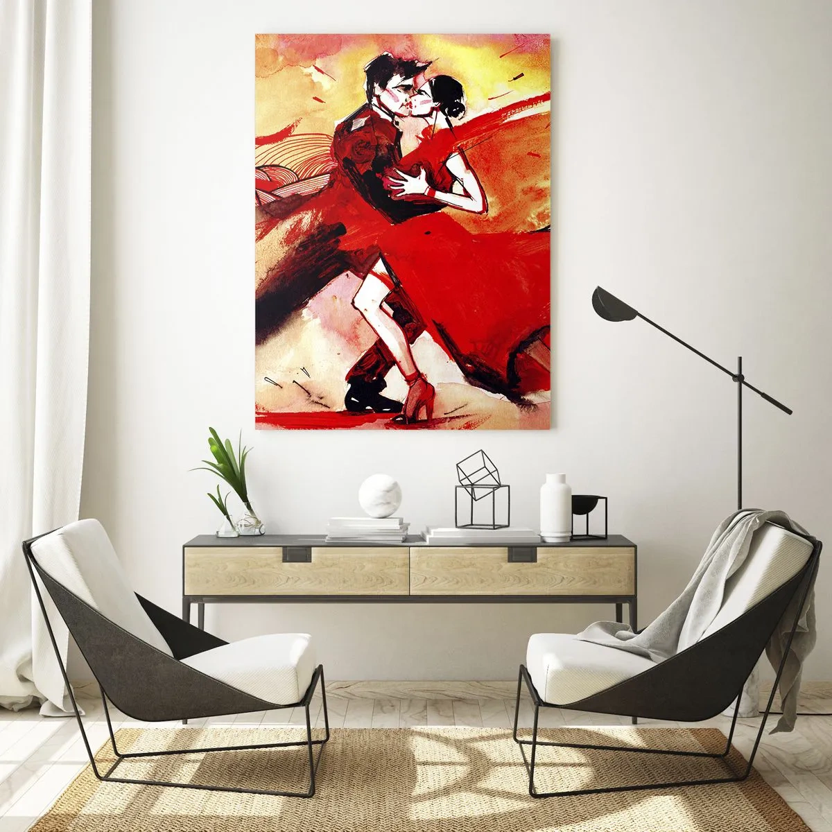 Quadro su vetro - Una coppia che balla il tango nei toni del rosso su uno sfondo dinamico. - 70x100cm - Il ritmo porpora della passione - Decorazione murale moderna per soggiorno e camera da letto ARTTOR