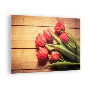 Quadro su vetro - Tulipani rossi su una tavola di legno - 70x50cm - Confessione primaverile - Decorazione murale moderna per soggiorno e camera da letto ARTTOR