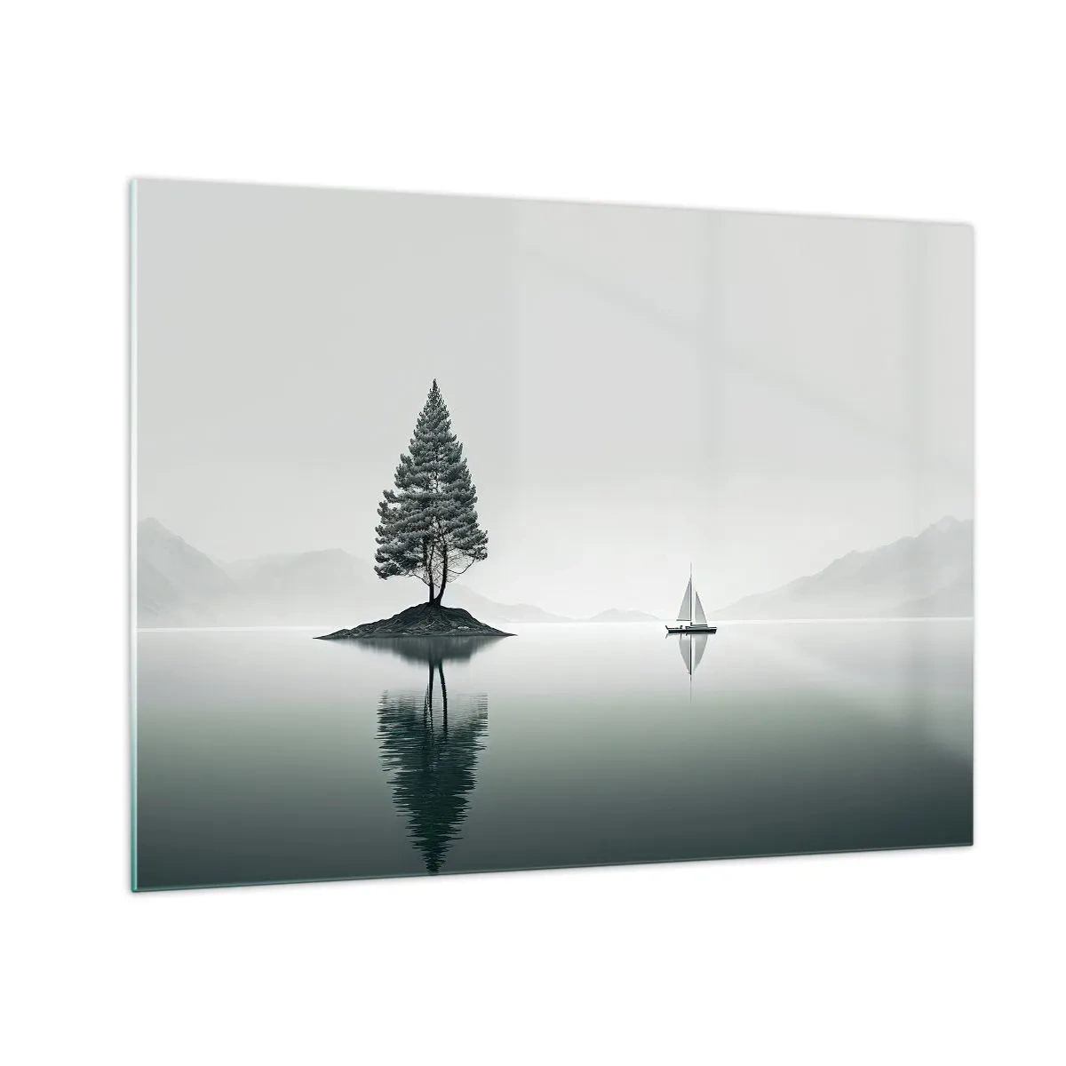 Quadro su vetro - Un albero solitario su un'isola e una barca a vela su un lago calmo - 70x50cm - Paesaggio onirico - Decorazione murale moderna per soggiorno e camera da letto ARTTOR