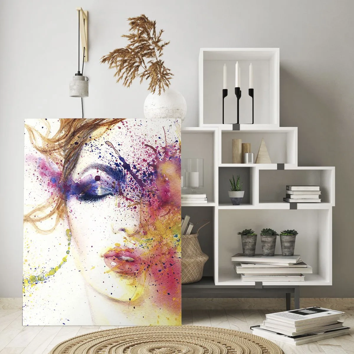 Quadro su vetro - Ritratto astratto di una donna con schizzi di vernice arcobaleno - 50x70cm - Capogiro arcobaleno - Decorazione murale moderna per soggiorno e camera da letto ARTTOR