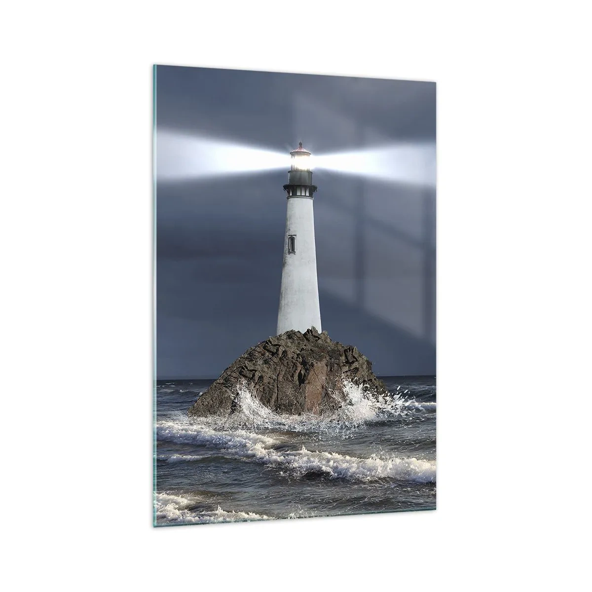 Quadro su vetro - Un faro su una roccia circondato da un mare in tempesta - 70x100cm - Qui...qui... qui! - Decorazione murale moderna per soggiorno e camera da letto ARTTOR