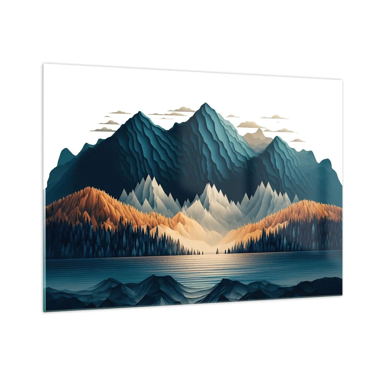 Quadro su vetro - Paesaggio montano stilizzato con una foresta e un lago - 100x70cm - Perfetto paesaggio montano - Decorazione murale moderna per soggiorno e camera da letto ARTTOR