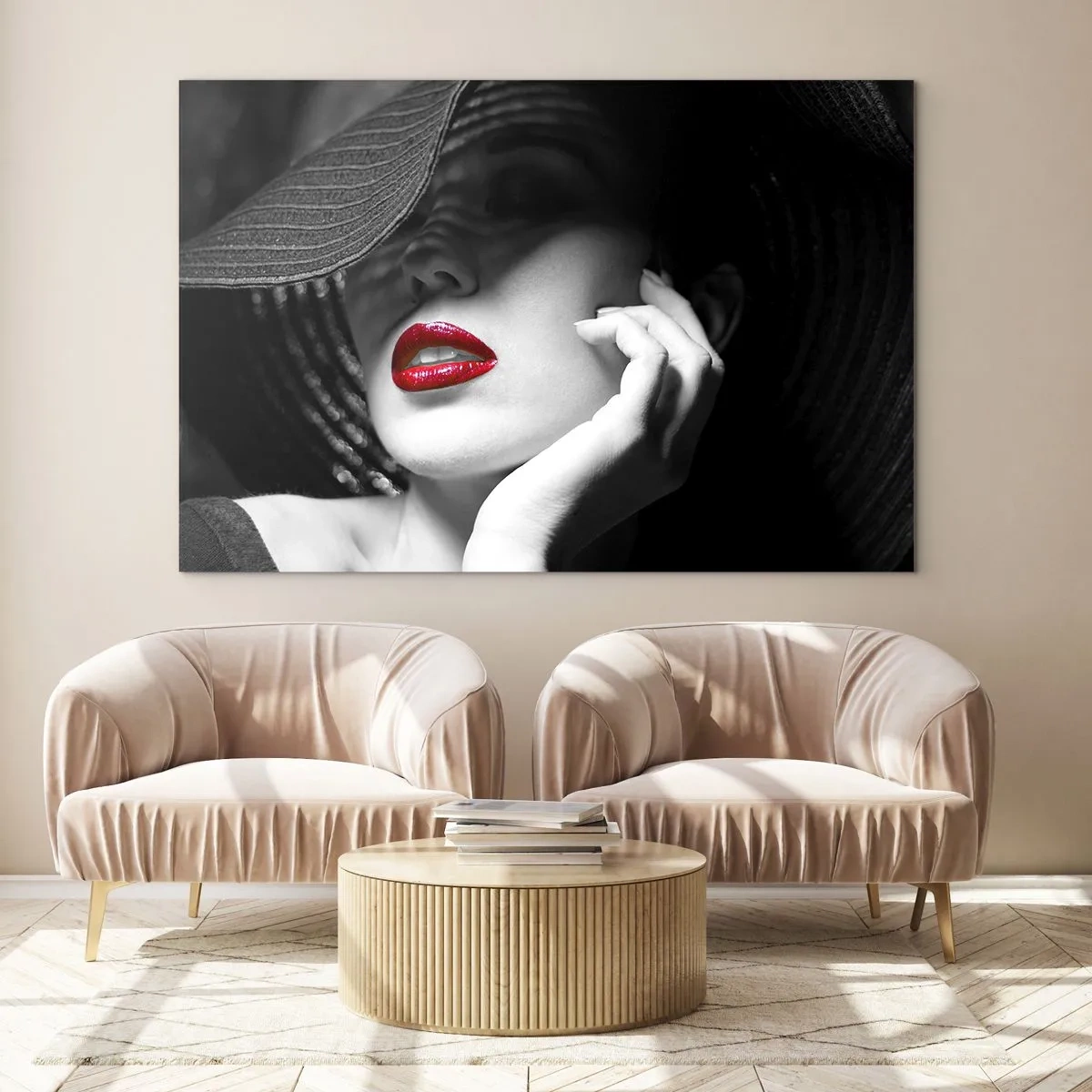 Quadro su vetro - Composizione in bianco e nero con un accento sulle labbra rosse - 120x80cm - Studio in scarlatto - Decorazione murale moderna per soggiorno e camera da letto ARTTOR