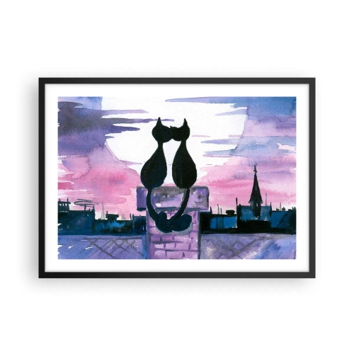 Poster in cornice nera - Gatti neri su un tetto al chiaro di luna in un ambiente acquerello - 70x50cm - Appuntamento sotto la luna - Decorazione murale moderna per soggiorno e camera da letto ARTTOR