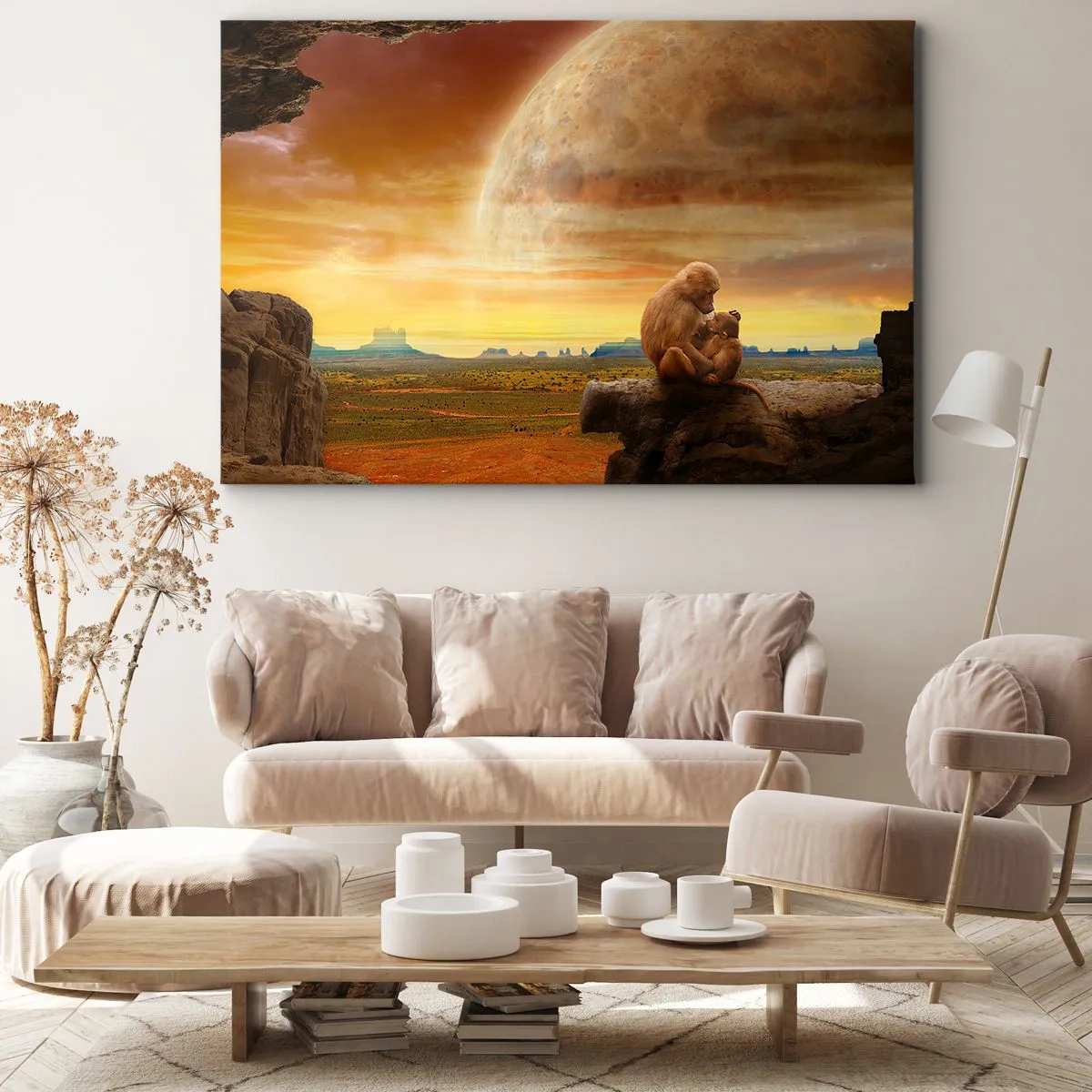 Quadro su tela - Stampe su Tela - Scimmie sedute su una roccia in un paesaggio surreale con un pianeta gigante - 70x50cm - L'amore è ovunque lo stesso - Decorazione murale moderna per soggiorno e camera da letto ARTTOR