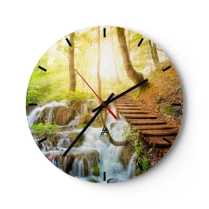 Orologio da parete - Orologio in Vetro - Un sentiero in legno accanto alle cascate in una foresta illuminata dal sole - 30x30cm - Bramata freschezza - Decorazione murale moderna per soggiorno, cucina e camera da letto ARTTOR