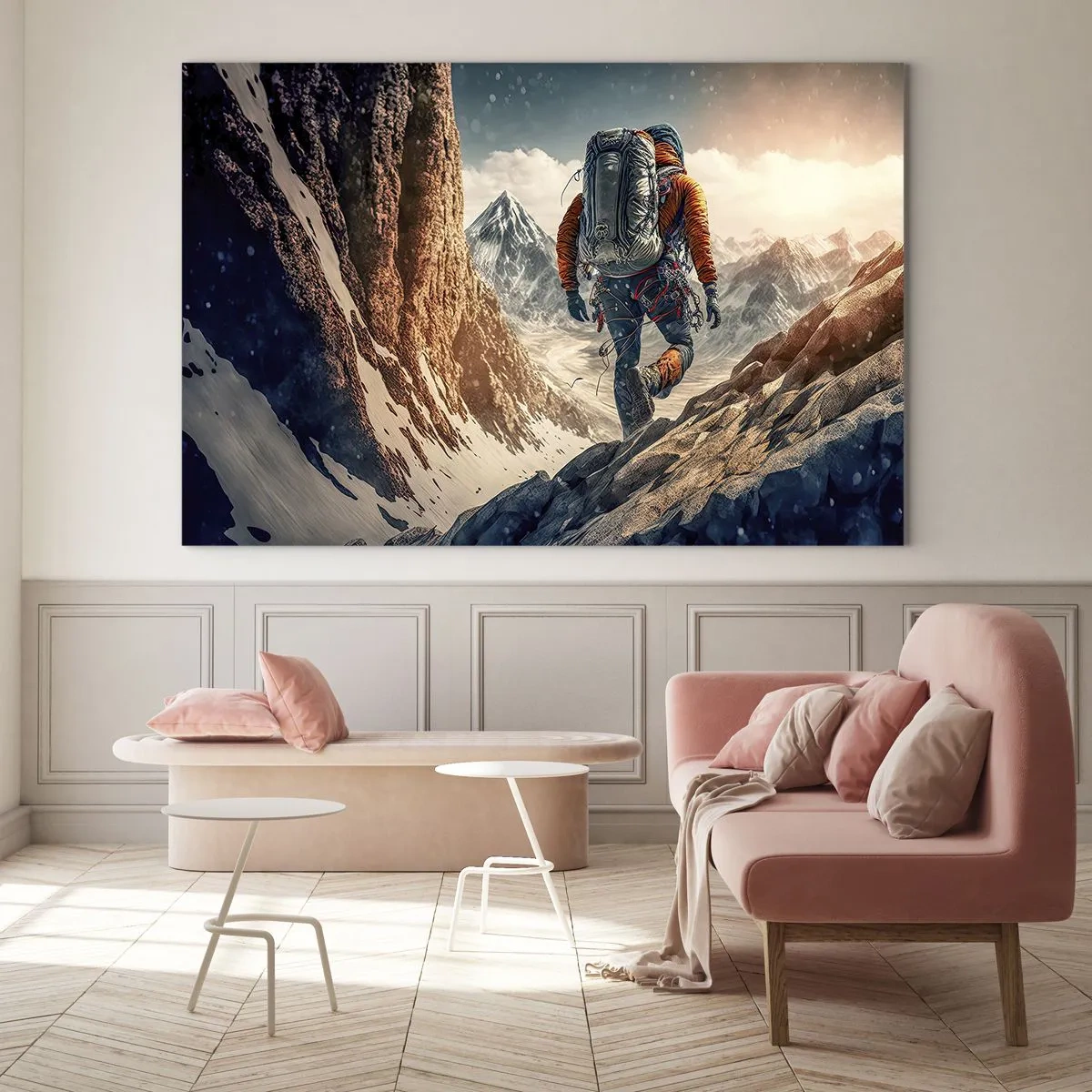 Quadro su vetro - Un escursionista che scala un pendio roccioso e innevato - 100x70cm - Guerriero solitario - Decorazione murale moderna per soggiorno e camera da letto ARTTOR