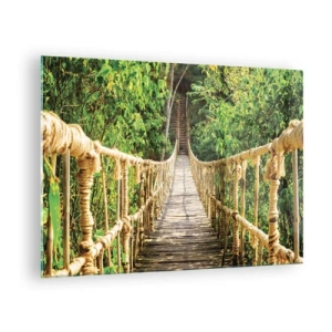 Quadro su vetro - Un ponte di corda in legno circondato da una vegetazione lussureggiante - 70x50cm - Sospeso nel verde - Decorazione murale moderna per soggiorno e camera da letto ARTTOR