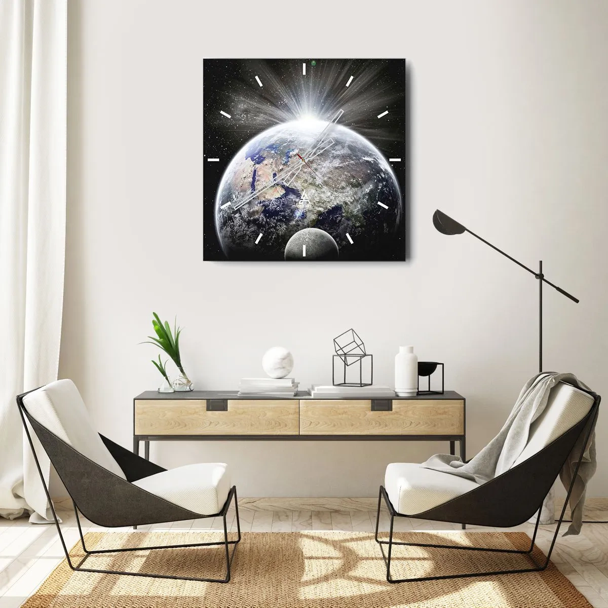 Orologio da parete - Orologio in Vetro - Terra e Luna illuminate dal bagliore dello spazio - 30x30cm - In pieno splendore - Decorazione murale moderna per soggiorno e camera da letto ARTTOR