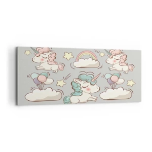 Quadro su tela - Stampe su Tela - Simpatici unicorni su sfondo pastello - 120x50cm - Sicuramente esistono… - Decorazione murale moderna per soggiorno e camera da letto ARTTOR