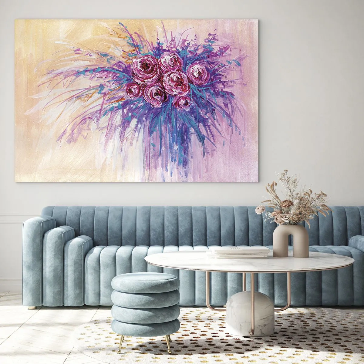 Quadro su vetro - Un bouquet di rose nei toni del rosa e del viola su uno sfondo pastello - 120x80cm - Fontana rosa - Decorazione murale moderna per soggiorno e camera da letto ARTTOR