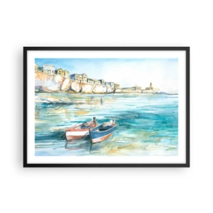 Poster in cornice nera - Un pittoresco paesaggio costiero con barche sull'acqua - 70x50cm - Paesaggio in azzurro - Decorazione murale moderna per soggiorno e camera da letto ARTTOR