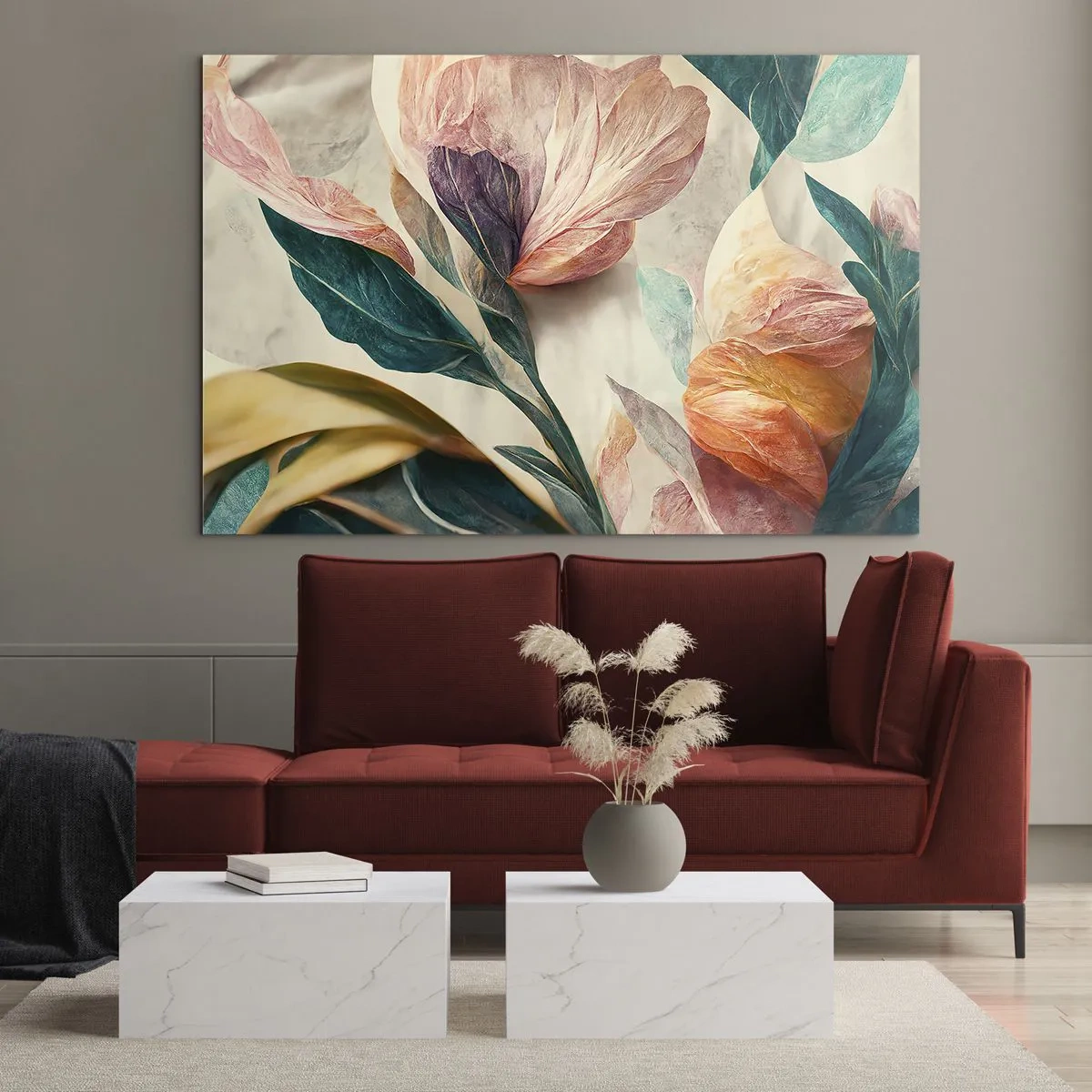 Quadro su vetro - Fiori e foglie esotici in colori pastello in stile botanico - 70x50cm - I fiori delle isole del sud - Decorazione murale moderna per soggiorno e camera da letto ARTTOR