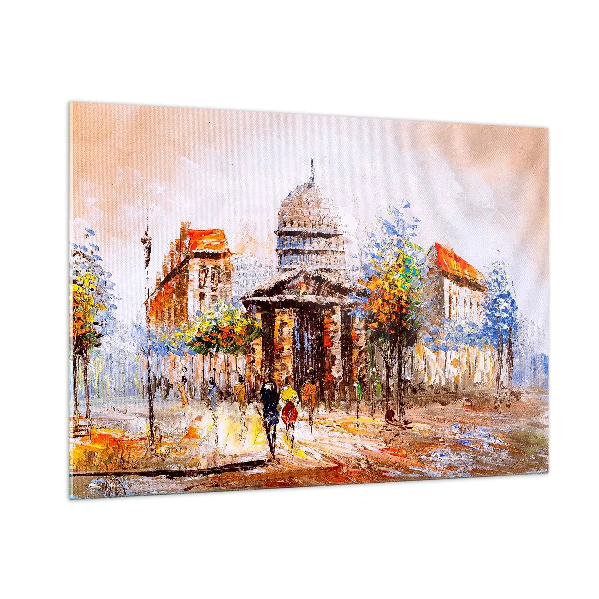 Quadro su vetro - Una pittoresca strada cittadina con un edificio storico sullo sfondo - 100x70cm - Passeggiata a Parigi - Decorazione murale moderna per soggiorno e camera da letto ARTTOR