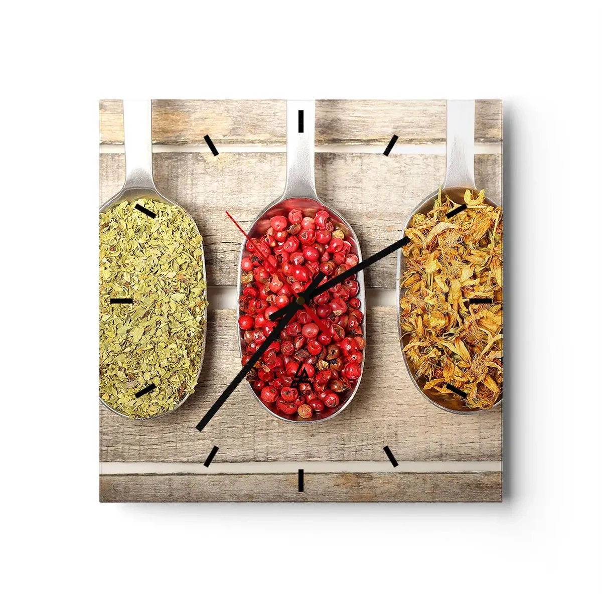 Orologio da parete - Orologio in Vetro - Tre cucchiai di metallo con spezie su uno sfondo di legno - 30x30cm - Magia in cucina - Decorazione murale moderna per soggiorno e camera da letto ARTTOR