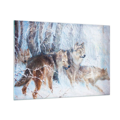 Quadro su vetro - Tre lupi in una foresta invernale circondata dalla neve - 100x70cm - Attenzione! In arrivo... - Decorazione murale moderna per soggiorno e camera da letto ARTTOR